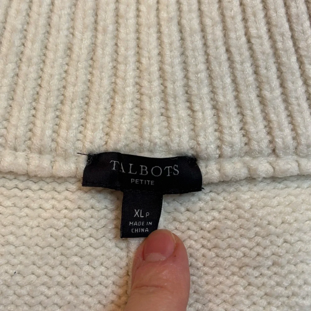 Talbots Sweater Cream Cable Knit Turtleneck Full Zip Cardigan Size XL